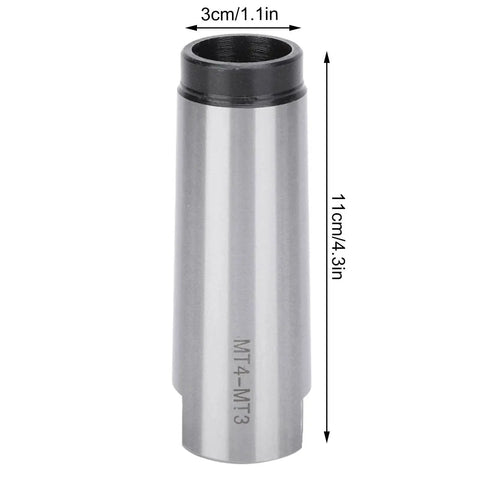 MT4-MT3 taper drill sleeve adapter in silver high-speed steel, 11 cm long.