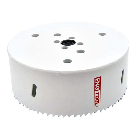 Bi Metal Hole Saw 6-1/4 Inch With Cobalt M42 High Speed Steel Edge, front view, white tool with teeth and mounting holes
