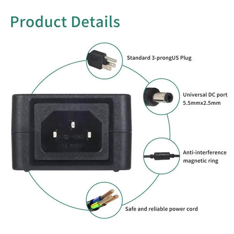 Detailed view of Beefy 24V DC Power Adapter 5A Switching Power Supply with 5.5mm x 2.5mm plug and US 3-prong AC input