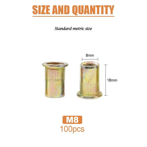 100Pcs M8 Rivet Nuts Kit Zinc Plated Carbon Steel Flat Head Threaded Inserts for Furniture and DIY Projects with size 8x18mm.