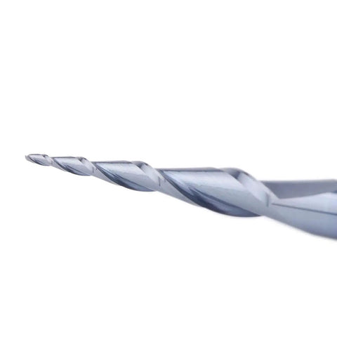 Close-up of Pro Grade Tapered Ball Nose Spiral Router Bit For CNC Milling And Engraving, 1.0mm Tip Diameter, TiAlN Coated