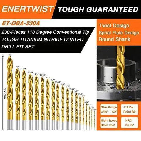 Titanium Drill Bit Kit Set for Metal and Wood, 230-Piece Pro Grade with Titanium Coated HSS Bits, 118 Degree Tip From 3/64 Inch To 1/2 Inch, Durable Case ET-DBA-230A displayed with various bit sizes.