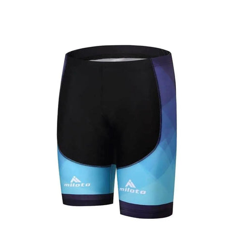Black and blue cycling shorts with gradient design and logo on the front