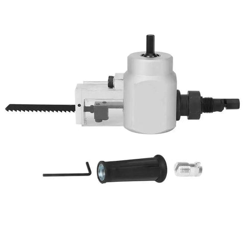 Dual Head Sheet Metal Cutter Nibbler Drill Attachment Kit with Wrench displayed with handle and hex key accessories