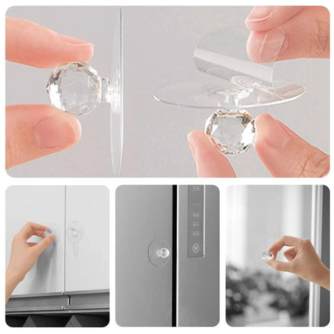 Installing Crystal Diamond Drawer Knobs Self Adhesive Clear Acrylic Pull Handles on cabinets, no tools required, 2 pack.