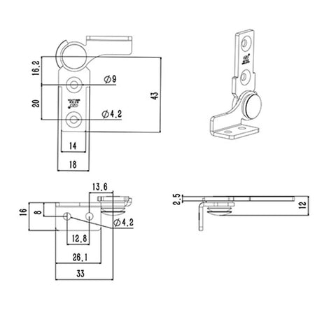 Technical drawing of 90 Degree Arbitrary Stop Hinge 304 Stainless Steel Torque Shaft Hinge Two Newton Meters detailing dimensions
