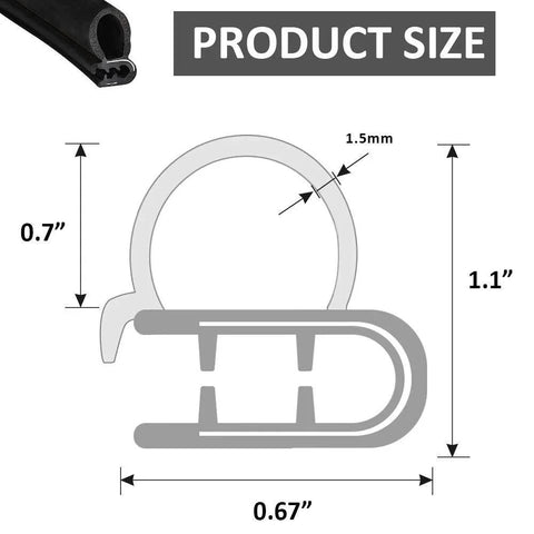Diagram showing dimensions of 20 Ft Car Door Weather Stripping Seal With Side Bulb Push On EPDM Foam Rubber Gasket Stainless Steel Clips