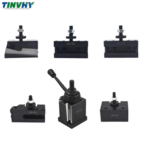 Wedge Type Quick Change Tool Post Set 250-222 for Mini Lathe and CNC Lathe Tool Holder, shown in various angles, durable steel.