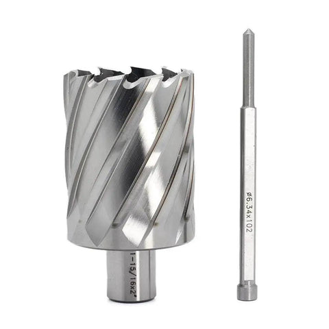 Heavy Duty Annular Cutter For Magnetic Drill Press By OSCARBIDE One And Fifteen Sixteenths Inch Cutting Diameter Two Inch Depth Of Cut Three Quarter Inch Weldon Shank With Two Flats Pilot Pin Drills Large Holes Fast shown with pilot pin
