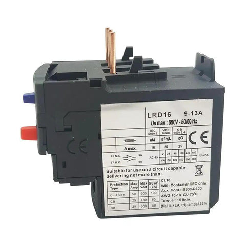 LRD16 thermal overload relay for LC1D12–LC1D38 contactors, 9–13 A, black module with copper terminals and red/blue side levers