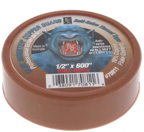 Pro Grade Copper Anti Seize Thread Tape For Pipes And Fittings Half Inch Wide By Six Hundred Feet Long With Ten Percent Copper Flake Content High Temperature Resistance To 1984 F Delivers Easy Break Free Sealing On Threaded Connections shown in packaging