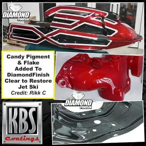 Red and black jet ski restored with DiamondFinish Watercolor Clear Coat 1 Quart Scratch Resistant Single Part, close-up view.