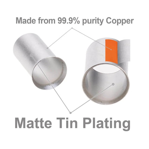 Close-up of Assorted Copper Wire Ferrules And Pin Terminals Kit With Tinned Matte Tin Plating For Top Conductivity 99.9 Percent Pure Copper