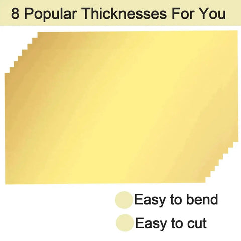 Brass Shim Stock Assortment Set For DIY Pros, showing 8 thicknesses, easy to bend and cut, ideal for precise metalworking projects.