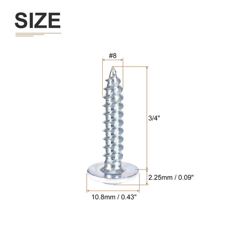 Size diagram of a #8 x 3/4 inch Phillips head self-tapping screw with dimensions, flat head, white finish.