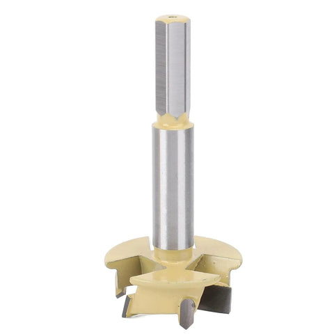 Close-up of 35mm Hinge Boring Bit With 9mm Hex Shank And 10mm Drilling Depth, 3 Flute Hinge Hole Cutter for woodworking in metal and carbide