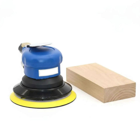 Auto Body Polisher And 5 Inch Palm Pneumatic Orbital Sander For Woodworking, Pro Grade Industrial Power Tool NT 301 next to wood block