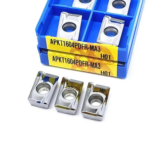 10Pcs APKT Turning Inserts Set Tungsten Carbide External Turning Tool Inserts For Aluminum Machining Center Wood Turning Tools APKT1135 1003 1604 APGT1604 MA H01 in blue box with three inserts displayed