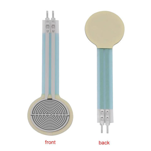 Thin film pressure sensor FSR, circular 1.27 cm dia, 0-10 kg range, blue long-tail flex leads, front and back views