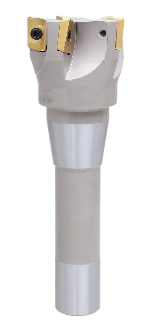 Indexable End Mill With 2 Inch Diameter And Six And One Eighth Inch Overall Length, 90 Degree Right Hand Cut, R8 Shank, 5 APKT1604 Carbide Inserts Tin Coated, No Coolant Through, Pro Grade Metalworking Tool By Accusize Industrial Tools