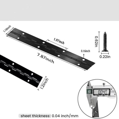 Heavy Duty Piano Hinge Set 2 Pieces 8 Inch Black Stainless Steel 0.05 Inch Thick With 1.2 Inch Open Width dimensions and screw size