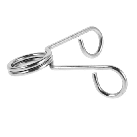 Close-up of a stainless steel spring clip, part of 10 Piece Stainless Steel Spring Clips For Cup Sealing Machines Universal Replacement Accessories.