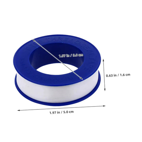 Single roll of PTFE plumbers tape with dimensions, used for sealing faucet leaks and high temperature plumbing pipe repairs.