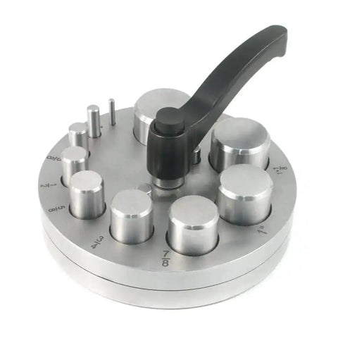 Circle Disc Cutter Kit with 10 punches for jewelry making, featuring rubber base and cutting block, cuts up to 20 gauge metal.