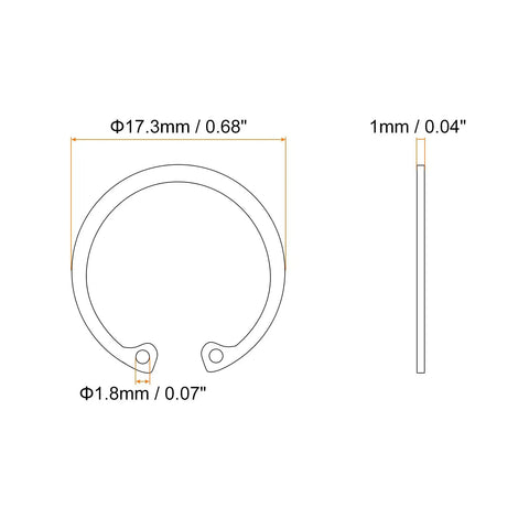 Diagram of Internal Retaining Ring Circlip 20Pcs 16mm 304 Stainless Steel, showing dimensions and side view, 17.3mm OD, 1.0mm thick.