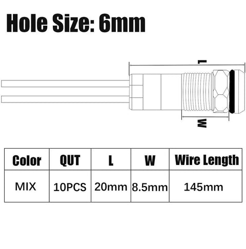 Ten Pack 6mm LED Indicator Lights For 12 To 24V AC DC Waterproof Signal Lamp diagram showing dimensions and wire length