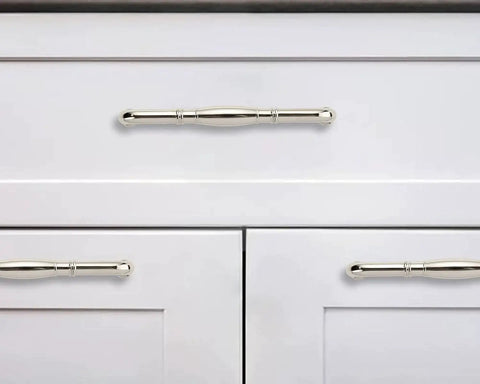 10 Pack Polished Nickel Cabinet Pulls, 3-3/4 Inch 96mm Length, shown on white kitchen cabinets.