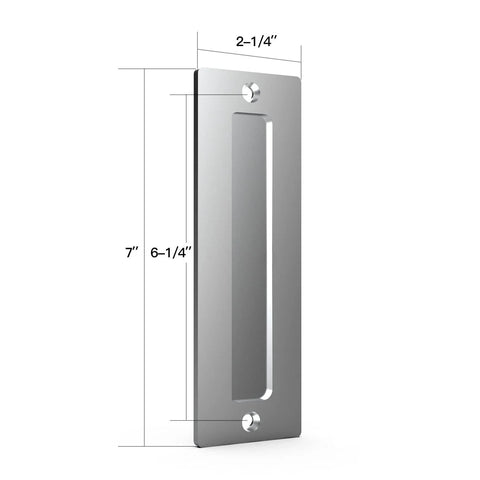 7 Inch Stainless Barn Door Finger Pull Set 2 Pack Heavy Duty Modern Invisible Handle with flat bottom in stainless steel.