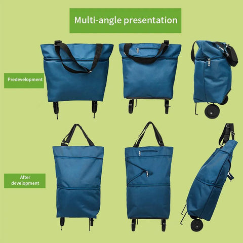 Collapsible Shopping Cart With 360 Degree Swivel Wheels, multi-angle view, folded and expanded, lake blue, ideal for groceries and travel.