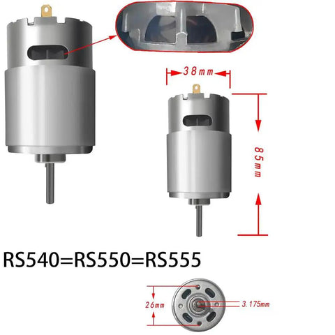 Diagram of pair of 24V RS555 12000 RPM electric drive motors showing dimensions, for ride on toys upgrade and replacement parts.