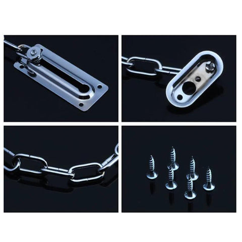 Four Piece Door Chain Lock Set With Six Screws Premium Stainless Steel Chain Locks For Inside Doors High Security Anti Theft Chain Lock System Allowing The Door To Open Slightly To Check Outside Durable Stainless Construction shown in multiple close-up angles.