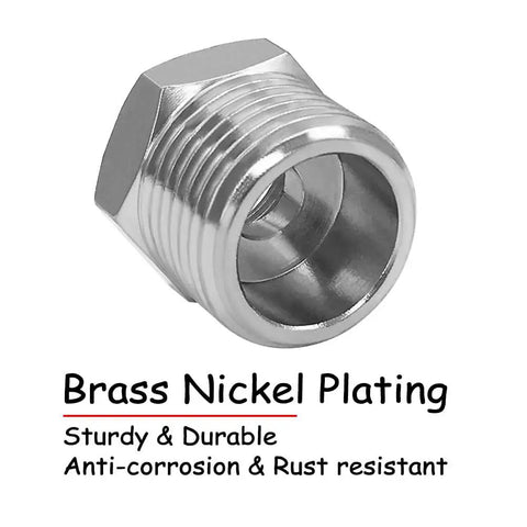 Close-up of a brass nickel-plated fitting from the Three Piece Water Line Adapter Set Half Inch Male To Three Eighths Inch Female Reducer.
