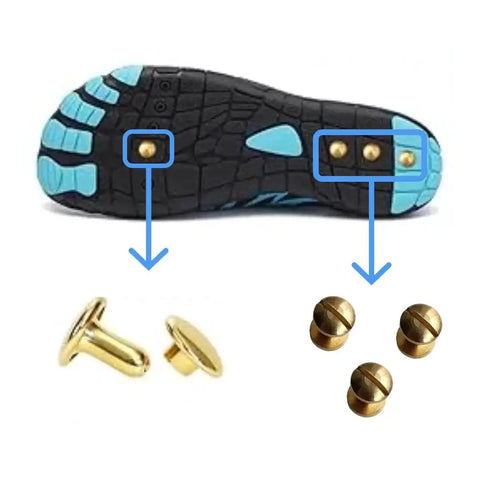 Copper Grounding Rivets For Shoes To Enable Barefoot Earthing 24 Pcs Set shown installed on a shoe sole with close-up of rivets.