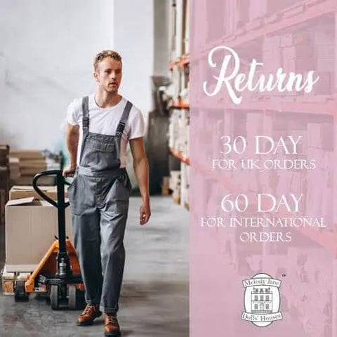 Man in overalls uses a pallet jack in warehouse; Returns policy for 30-day UK orders and 60-day international orders, Melody Jane logo.
