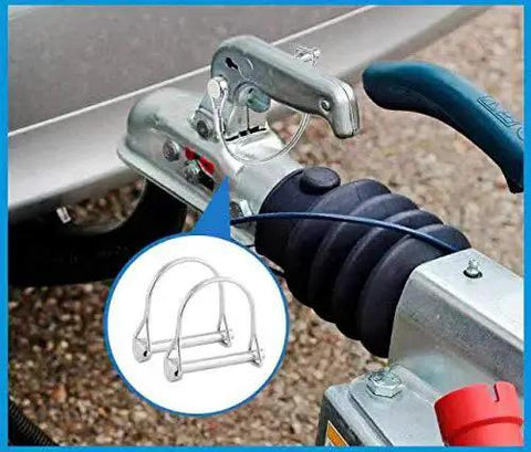 Two Pack Marine Grade 316 Stainless Steel Safety Coupler Pins Four Point Eight Millimeter By Fifty Millimeter Shafts Locking Pins shown installed on boat trailer