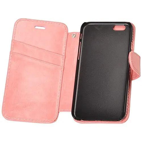 Pink leather phone wallet case open showing card slots and black inner sleeve