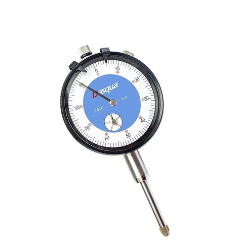 Dasqua dial indicator gauge with blue center, 0-1 range, chrome probe for automotive use