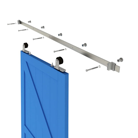Exploded view of 6 Ft Beefy Brushed Nickel Sliding Barn Door Hardware Kit With Quiet Hanger Rollers And Flat Track, Easy To Install.