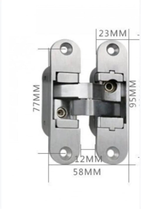 2 Pack 180 Degree Concealed Cross Door Hinges With Spanners Zinc Alloy Invisible Hinge Set front view with measurements