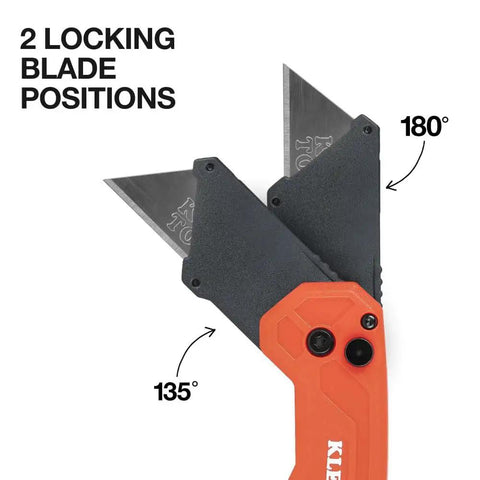 Flickblade Folding Utility Knife With Dual Locking Positions And Pocket Clip showing blade angles 135 and 180 degrees