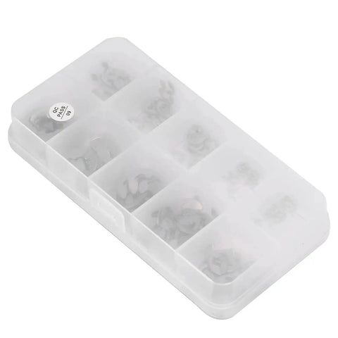 Box of 120 Piece External E Clip Circlip Retaining Ring Set Stainless Steel For Quick Fixes And DIY Projects One Point Five Mm To Ten Mm Range With Rustproof Burr Free Design For Indoor And Outdoor Use.