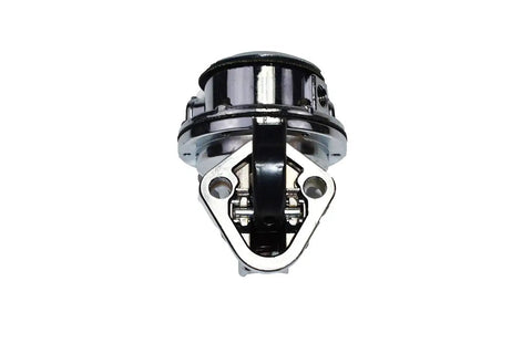 Front view of Beefed-Up Inline Mechanical Fuel Pump For Chevy And GMC Small Block 262-400, Chrome Finish, with gaskets