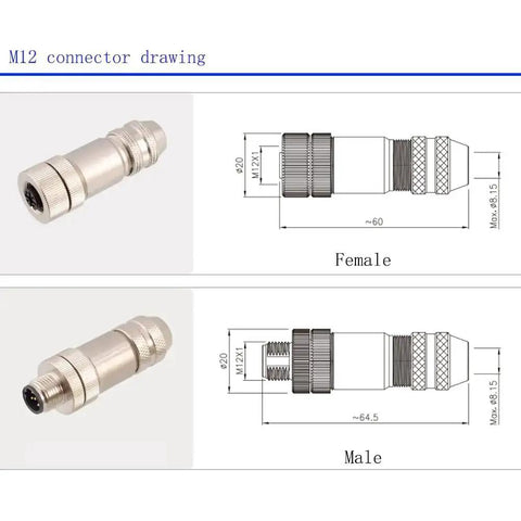 M12 D Code 4 Pin Male Connector With Rugged Shielded Metal Shell Circular Field Assembly IP67 Straight Adapter diagram