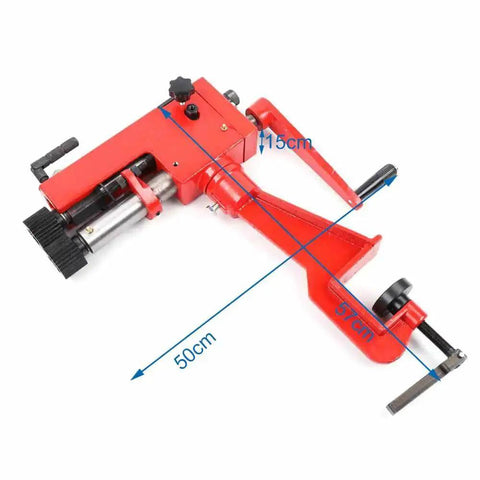 7 Inch Throat Sheet Metal Bead Roller Tool With 6 Die Sets, side view showing dimensions, for auto body fabrication, red steel construction.