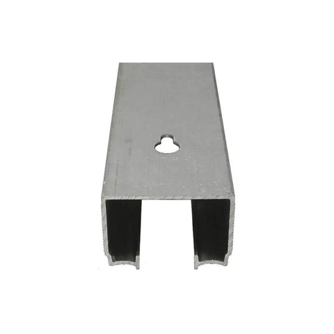 Front view of aluminum track for Commercial Grade Pocket Door Hardware For 2x4 Interior Walls, Top Hung Pocket System With Solid Nylon Wheel, 125 Lb Capacity, For Minimum Door Thickness Of 1 Inch, Designed For 60 Inch Wide Sliding Doors.