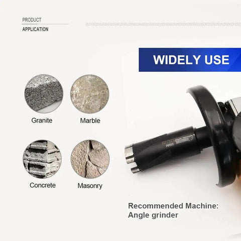 1/4 Inch Laser Welded Diamond Wet Core Bit For Hard Granite Marble And Concrete With 5/8-11 Thread 75mm Length 6mm Diameter Perfect For Angle Grinders Reliable Wet Cutting And Brief Dry Cutting shown with application examples.